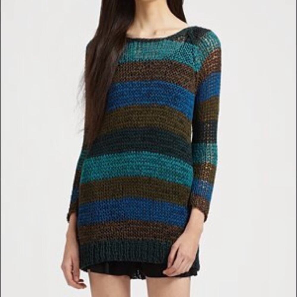Theory color block plunge back open knit sweater small